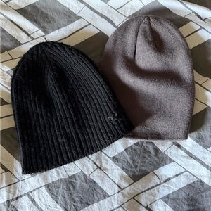 Tory Burch Black and Taupe Knit Beanie Duo. One TB one no brand